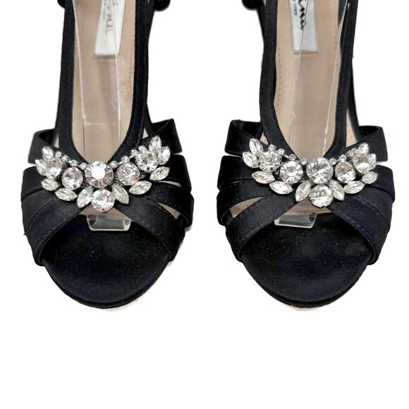 Nina Viani Evening Wedge Sandals Womens size 7 M Black Luster Satin + Rhinestone - Picture 9 of 16